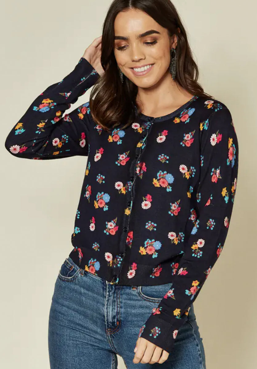 Ex Fever London Ladies Ditsy Floral Cardigan Navy Multi