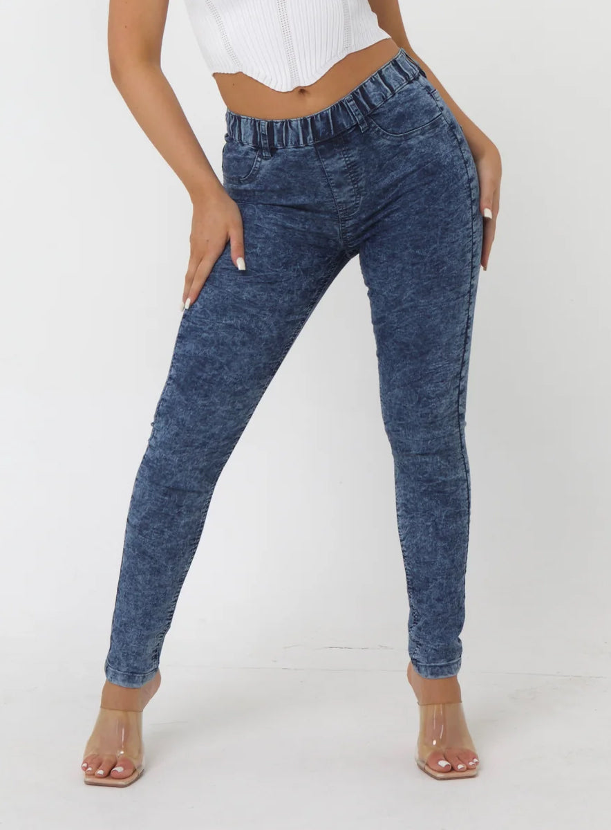 Ladies Kate Pull Up Stretch Denim Jeggings White Acid Wash Yourstyleoutlet