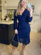 Faux Wrap Bias Hem Navy Midi Mesh Dress