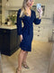 Faux Wrap Bias Hem Navy Midi Mesh Dress