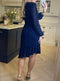 Faux Wrap Bias Hem Navy Midi Mesh Dress