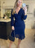 Faux Wrap Bias Hem Navy Midi Mesh Dress