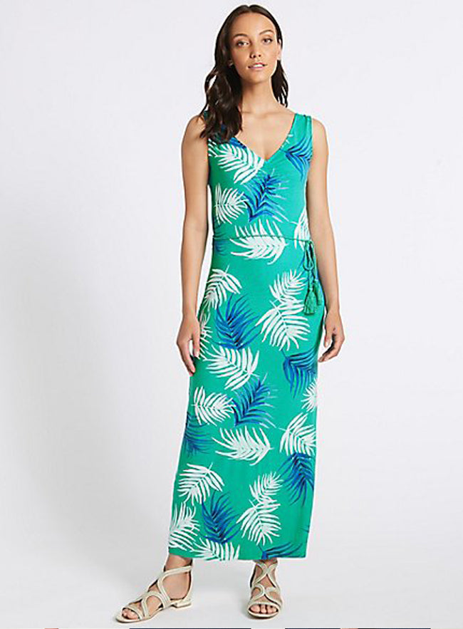 Ex Marks And Spence Collection Green Palm Print Slip Maxi Dress